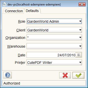 ADempiere Login Window - Defaults Tab